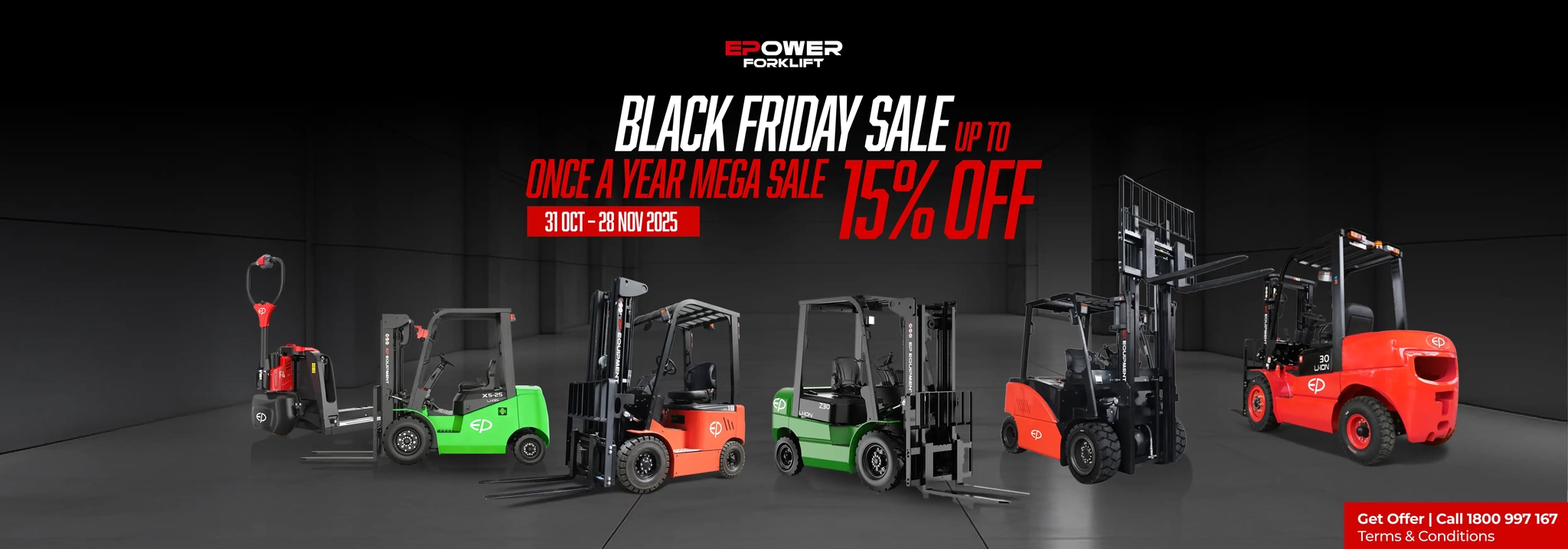 EPower Forklift Black Friday sale banner featuring multiple EP lithium forklifts with text “Up to 15% off surprise discount, 31 Oct to 28 Nov 2025”.