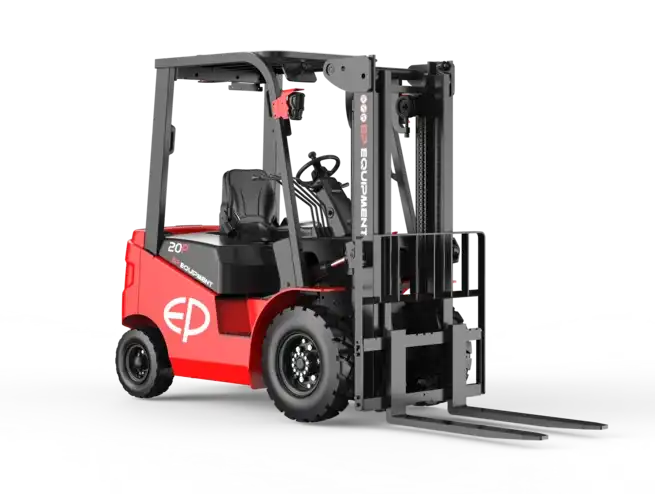 Thumbnail of EFL203 four-wheel lithium-ion electric forklift by EP Equipment, front-right view showing the mast and operator cabin