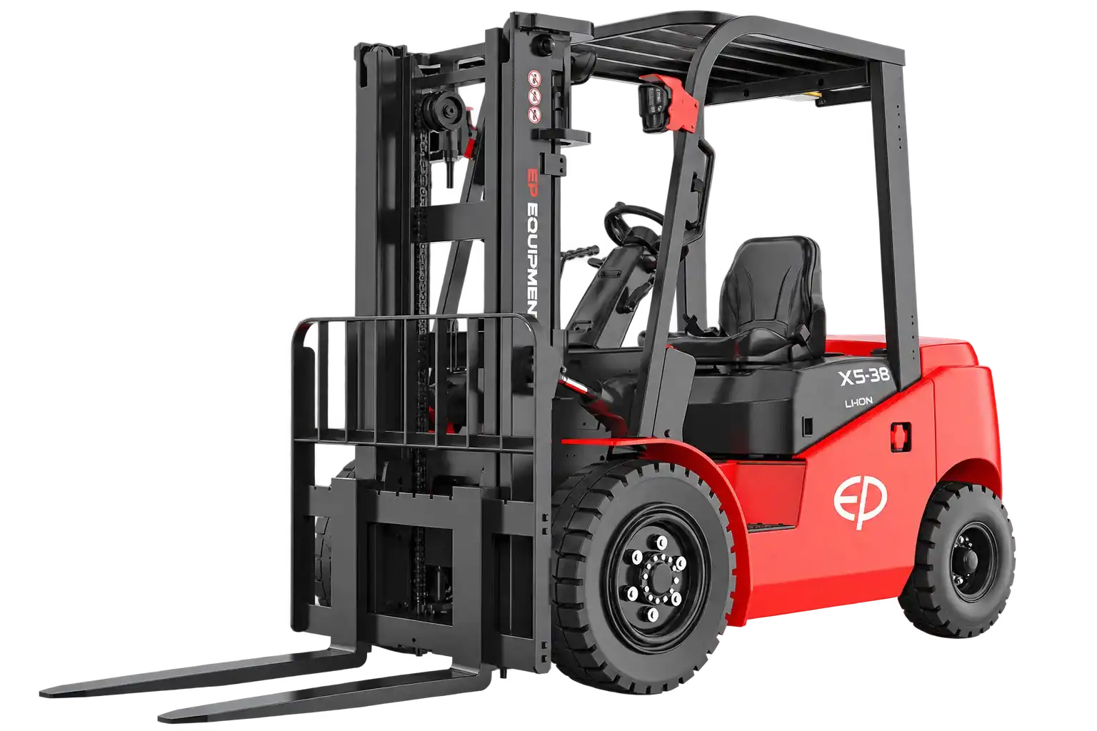 Thumbnail of Front-left view of EP Equipment EFX5-381 3.8T lithium-ion electric forklift, showing the triplex free-lift mast and fork carriage