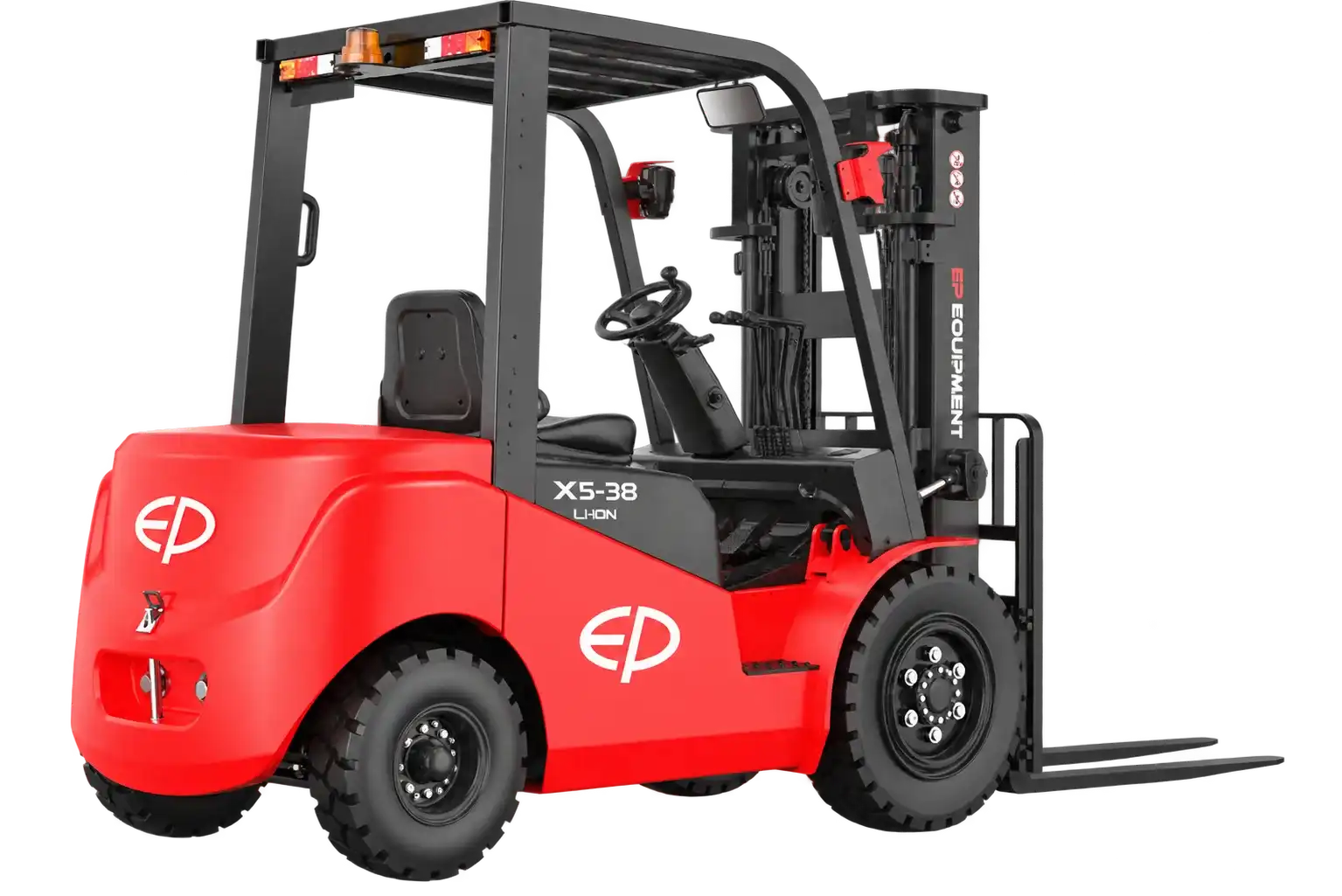 Thumbnail of Rear-right view of EP Equipment EFX5-381 3.8T lithium-ion electric forklift, showing the rear work lights and overhead guard