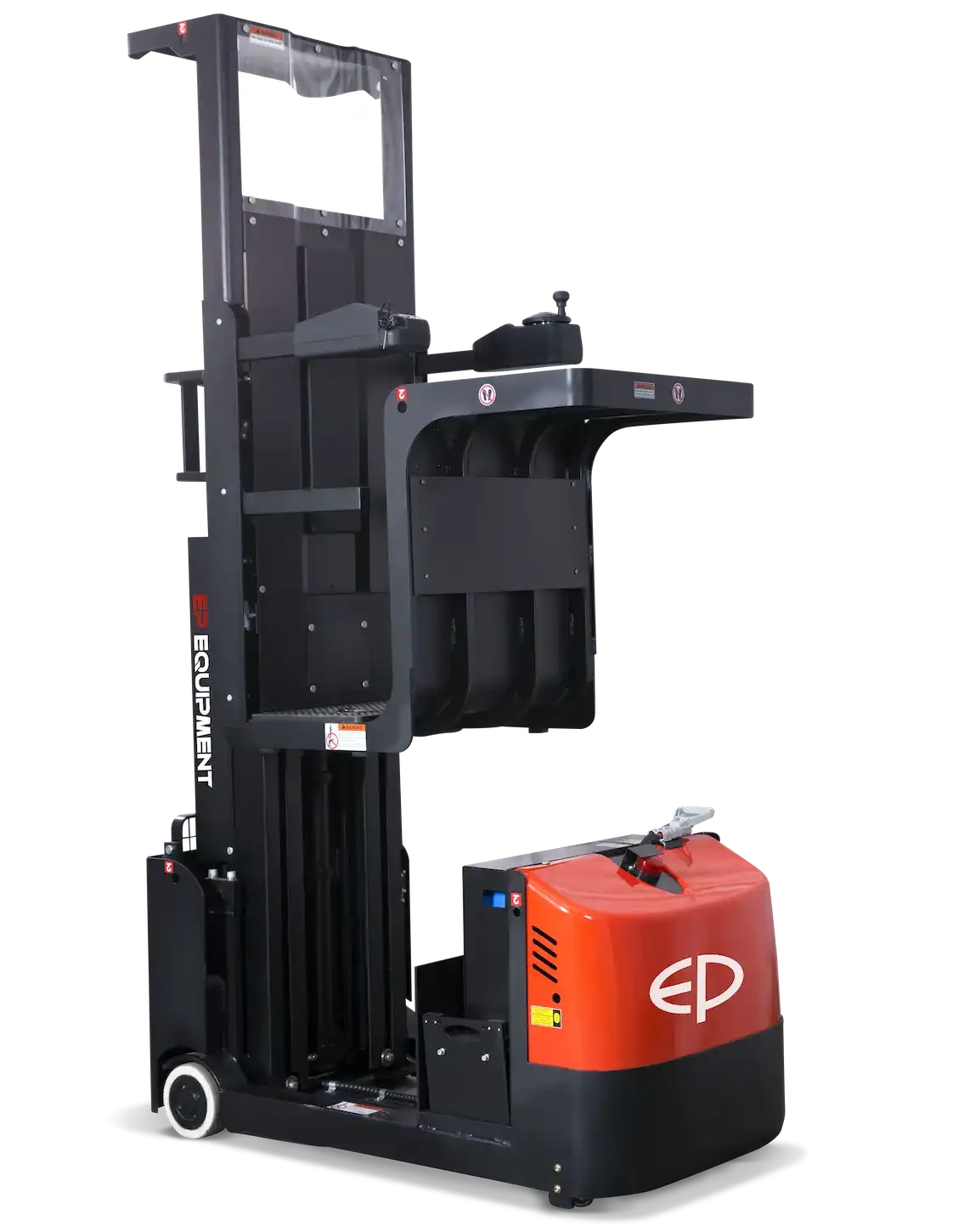 Thumbnail of Rear-left view of JX1 lithium-ion electric order picker by EP Equipment, with platform lifted