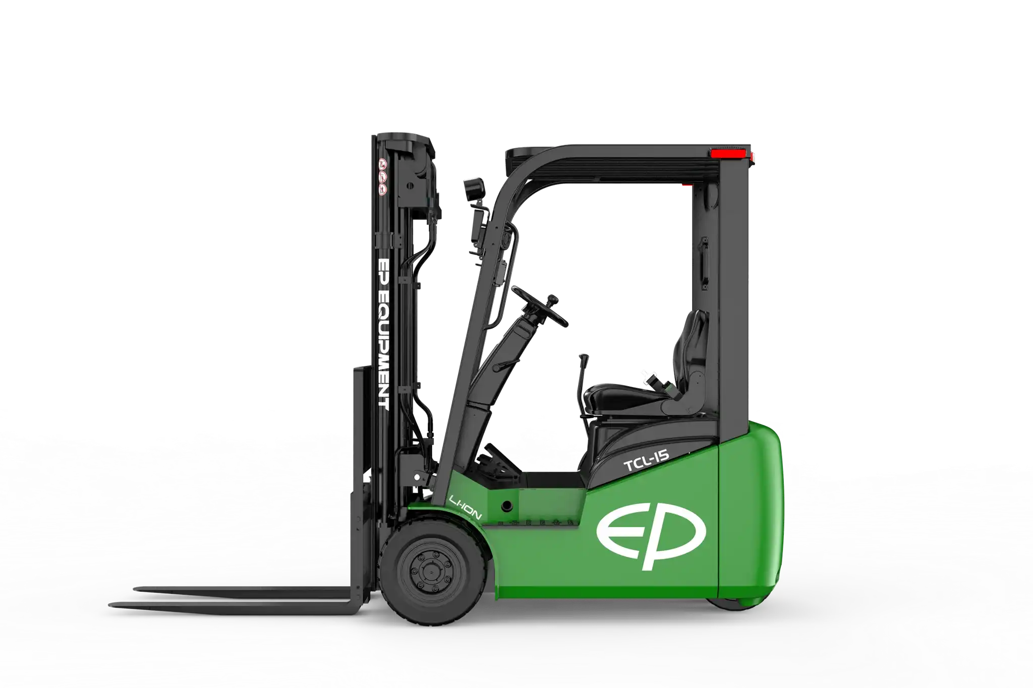 Thumbnail of Left side view of TCL152 1.5T three-wheel lithium-ion electric forklift by EP Equipment, showing its compact chassis and sub-2m overhead guard