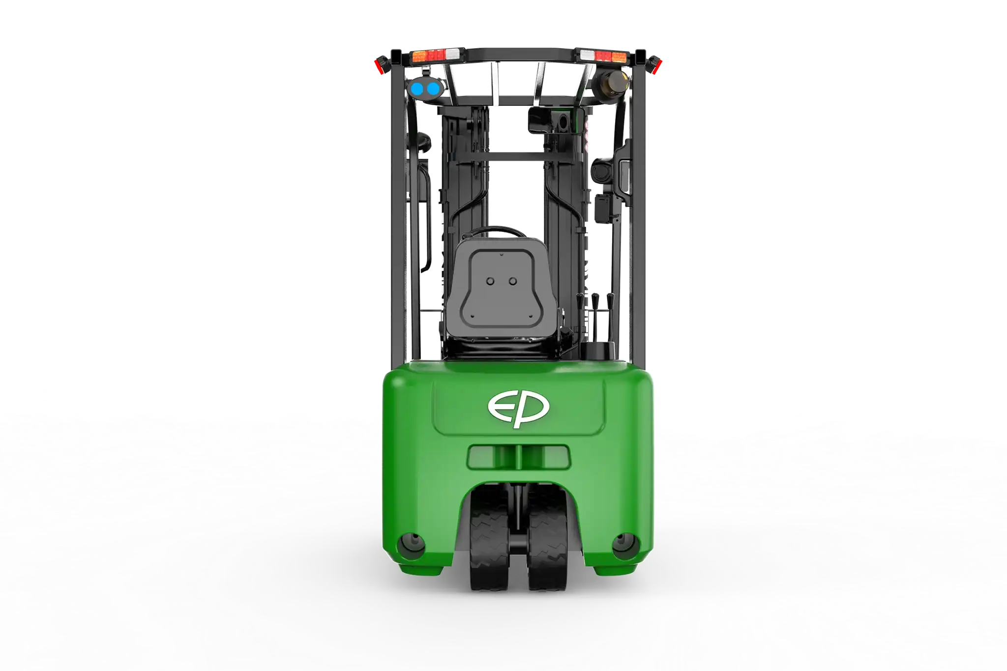 Thumbnail of Rear view of EP Equipment TCL152 1.5T three-wheel lithium-ion electric forklift, highlighting the compact counterweight and single drive wheel layout