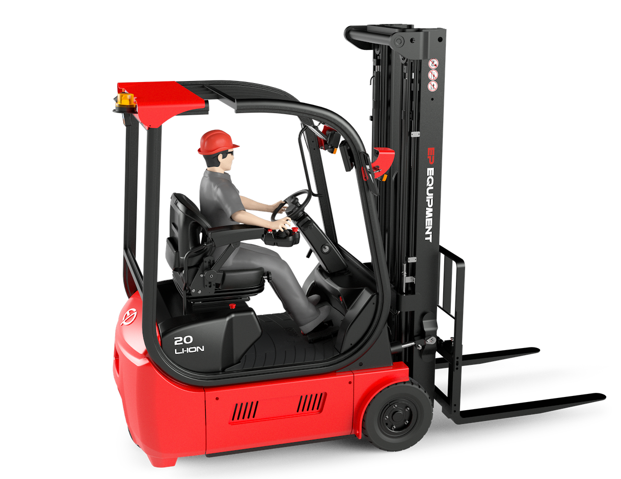 Thumbnail of 3D rendering of EP Equipment TDL201 2.0T three-wheel lithium-ion electric forklift, showcasing ergonomic cabin design and advanced mast structure.