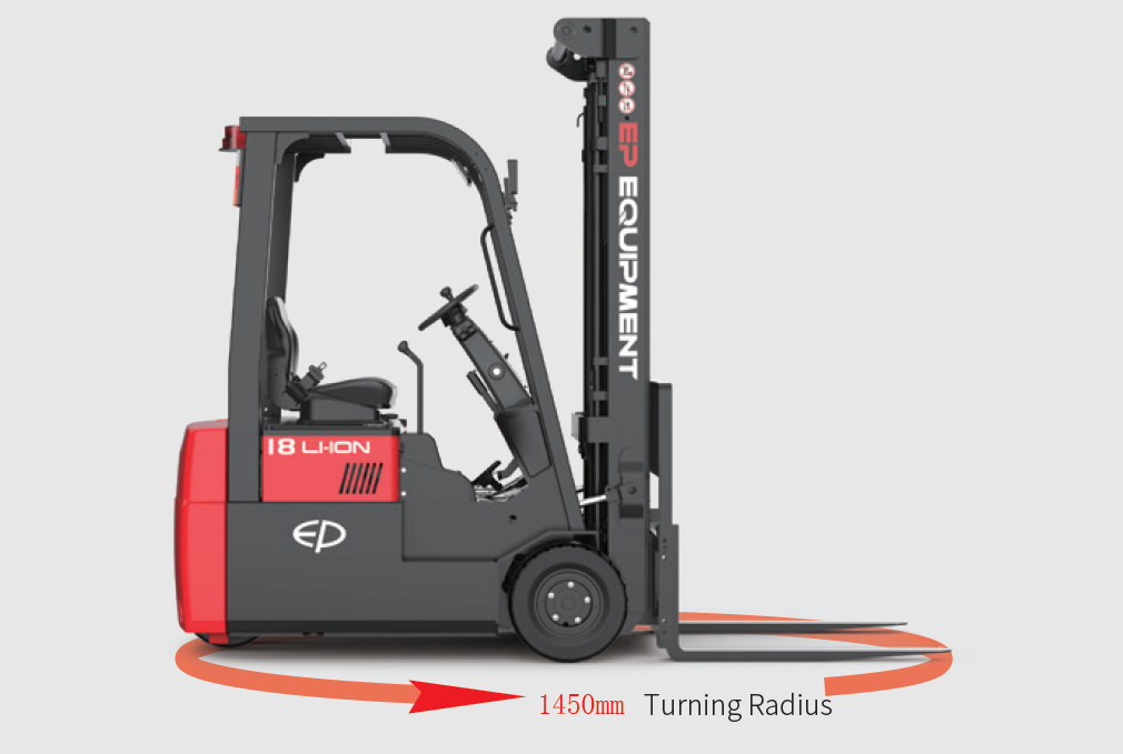Side view of EP Equipment CPD15TVL 1.5T three-wheel lithium-ion forklift showing a compact 1450 mm turning radius for excellent maneuverability in tight spaces.