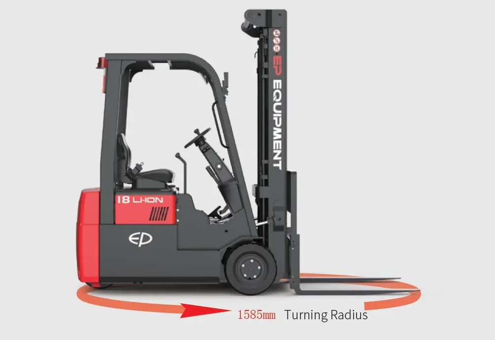 Side view of EP Equipment CPD20TVL 2.0T three-wheel lithium-ion electric forklift showing a compact 1585 mm turning radius for excellent maneuverability in tight spaces.