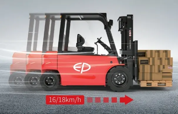 Motion graphic of EP Equipment CPD50L1 electric forklift showing 16/18 km/h travel speed, optimized for productivity and smooth acceleration.