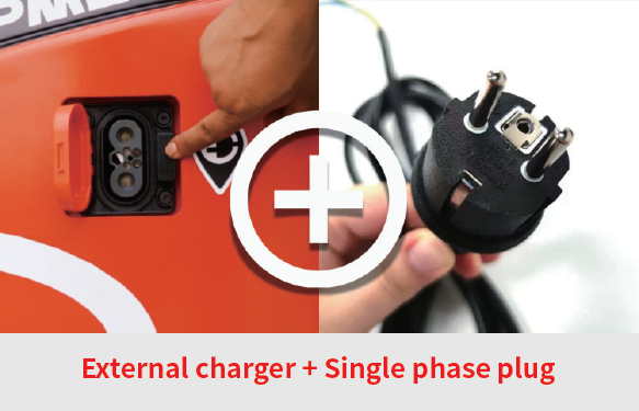 EFL203 four-wheel lithium-ion electric forklift by EP Equipment with an integrated charger with a plug, plus an additional plug for an external charger to support dual charging for continuous operation