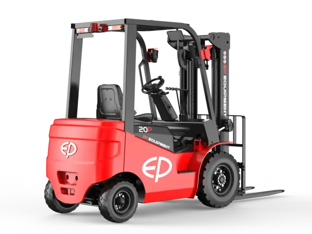 Rear-right view of EFL203 four-wheel lithium-ion electric forklift by EP Equipment, showing the rear counterweight and battery compartment