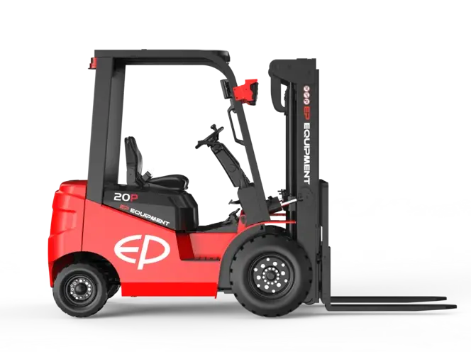 Side view of EFL203 four-wheel lithium-ion electric forklift by EP Equipment, showing the compact body and large pneumatic tires
