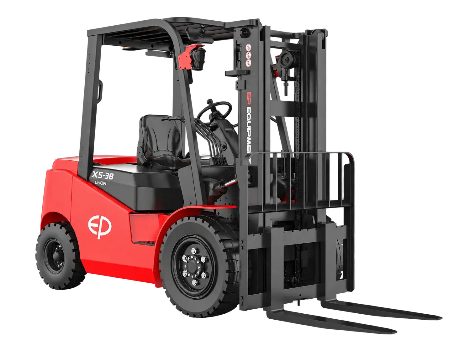 Rear-left view of EP Equipment EFX5-381 3.8T lithium-ion electric forklift, showing the operator compartment and load backrest