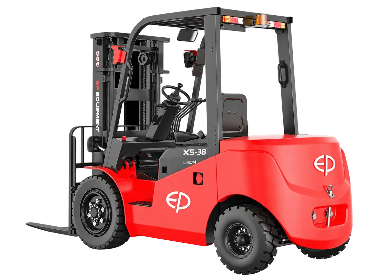 Rear three-quarter view of EP Equipment EFX5-381 3.8T lithium-ion electric forklift, highlighting the counterweight and solid rear tyres