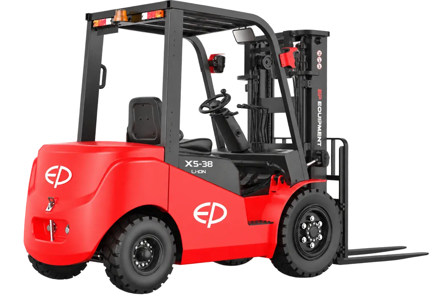 Rear-right view of EP Equipment EFX5-381 3.8T lithium-ion electric forklift, showing the rear work lights and overhead guard