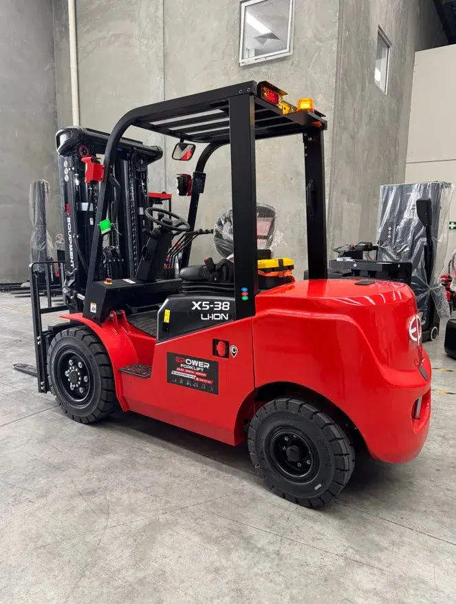 EP Equipment EFX5-381 3.8T lithium-ion electric forklift in the EPower Forklift warehouse, rear-left view