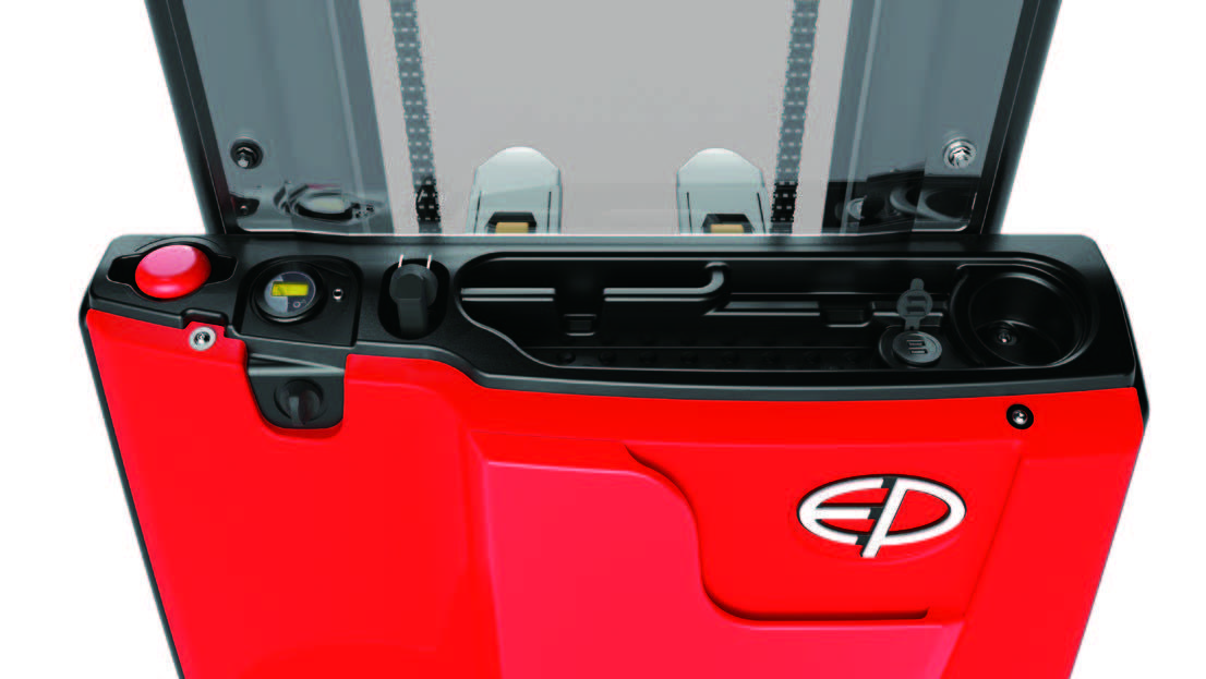 Maintenance-free battery and integrated charger design of EP Equipment ESA121-D electric walkie pallet stacker, featuring easy access and low maintenance.