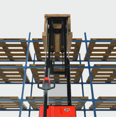 EP Equipment ESA121-D electric walkie pallet stacker lifting pallets to high warehouse shelves with precise control.