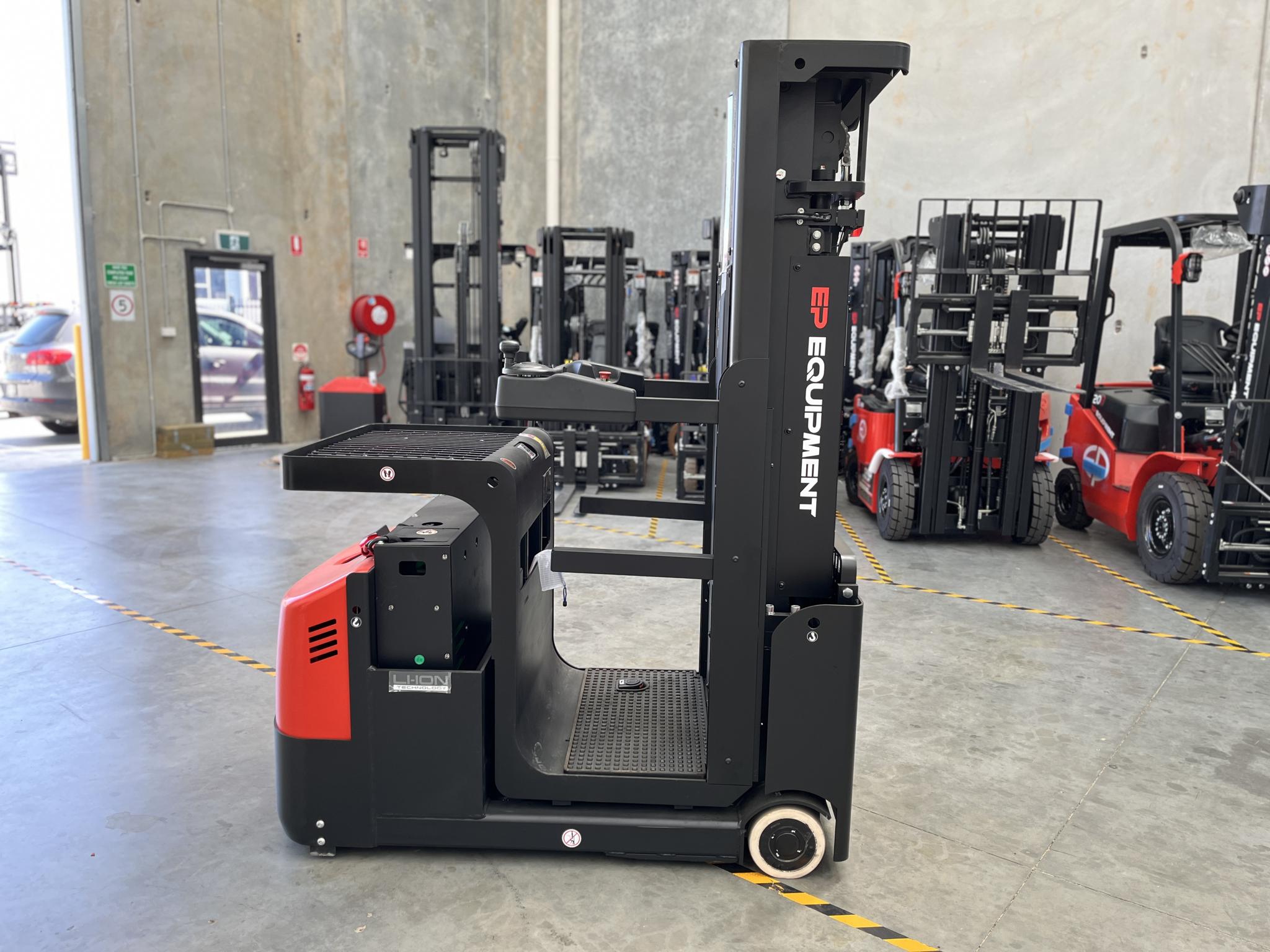 Stock photo of JX1 lithium-ion electric order picker by EP Equipment, showing compact design and operator platform.