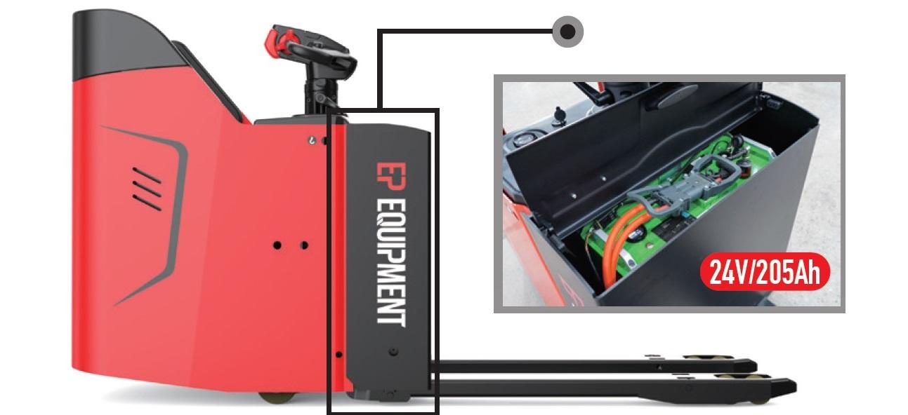 EP Equipment KPL201 electric pallet truck with 24V 205Ah lithium battery for long-lasting performance.