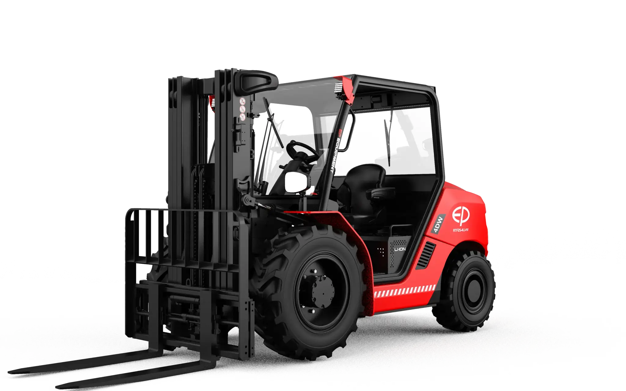Front left profile view of RTF25-4L1-HV 2.5T lithium high-voltage electric rough terrain forklift EP Equipment.