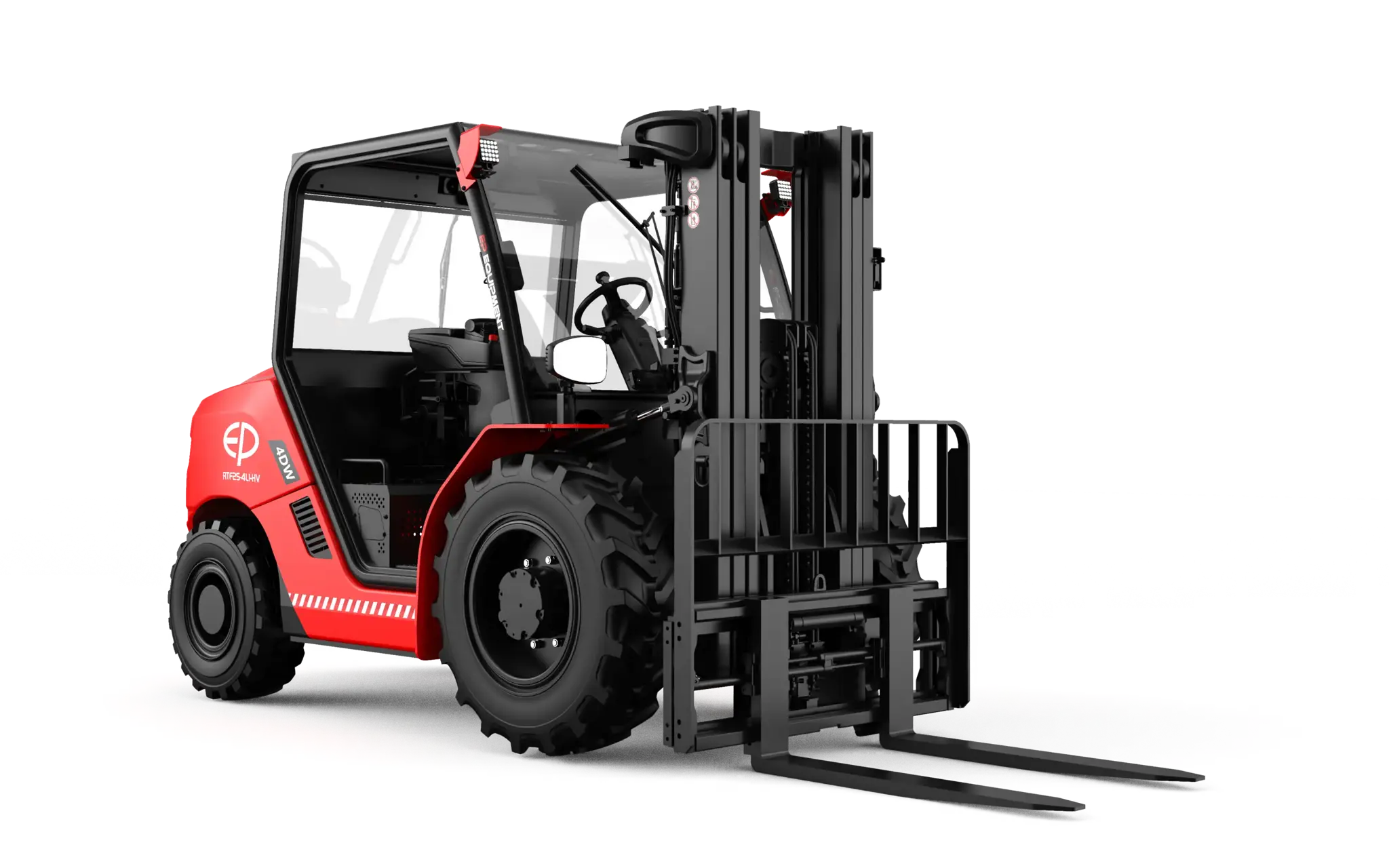 Front right profile view of RTF25-4L1-HV 2.5T lithium high-voltage electric rough terrain forklift EP Equipment.