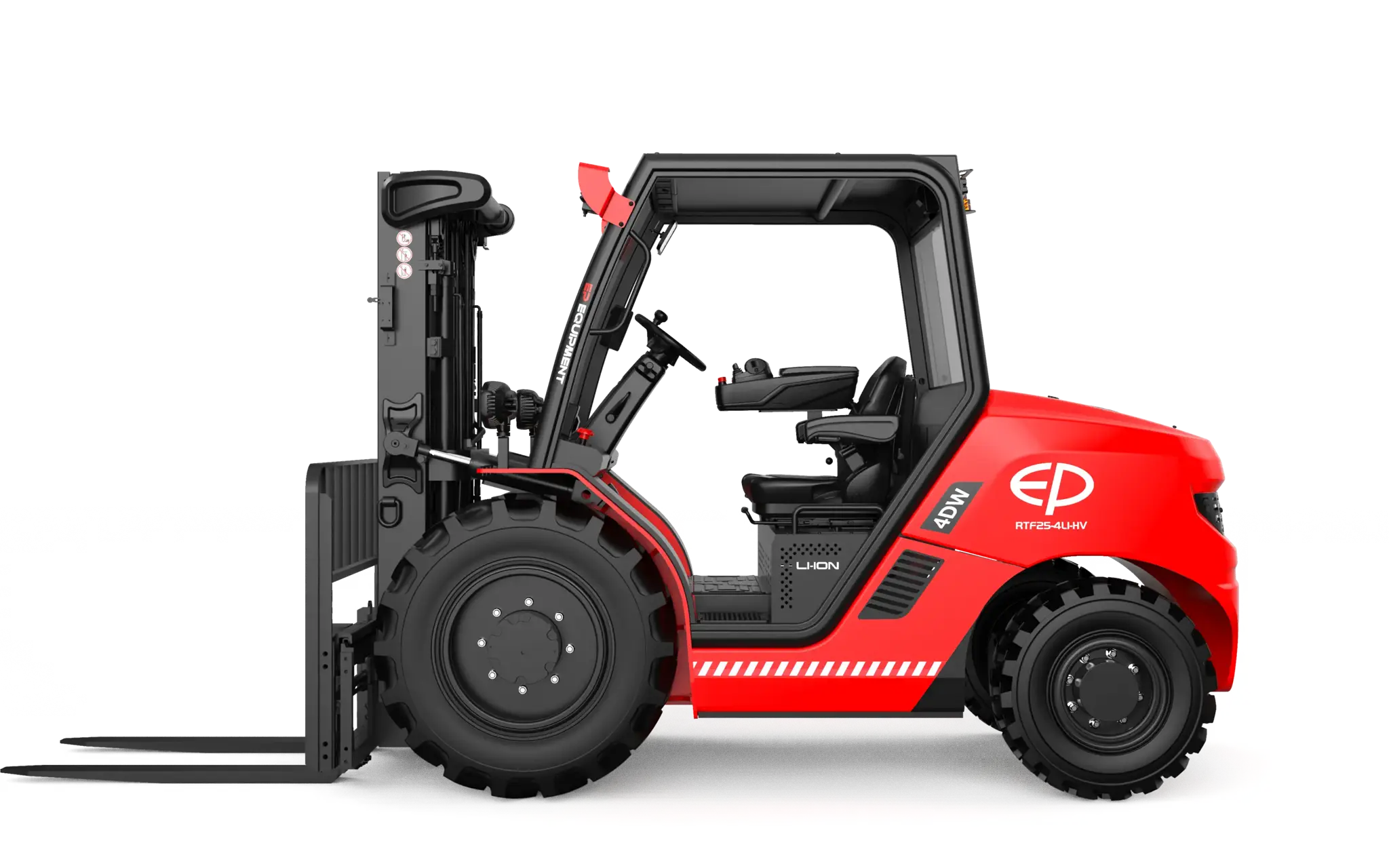 Left side profile view of RTF25-4L1-HV 2.5T lithium high-voltage electric rough terrain forklift by EP Equipment.