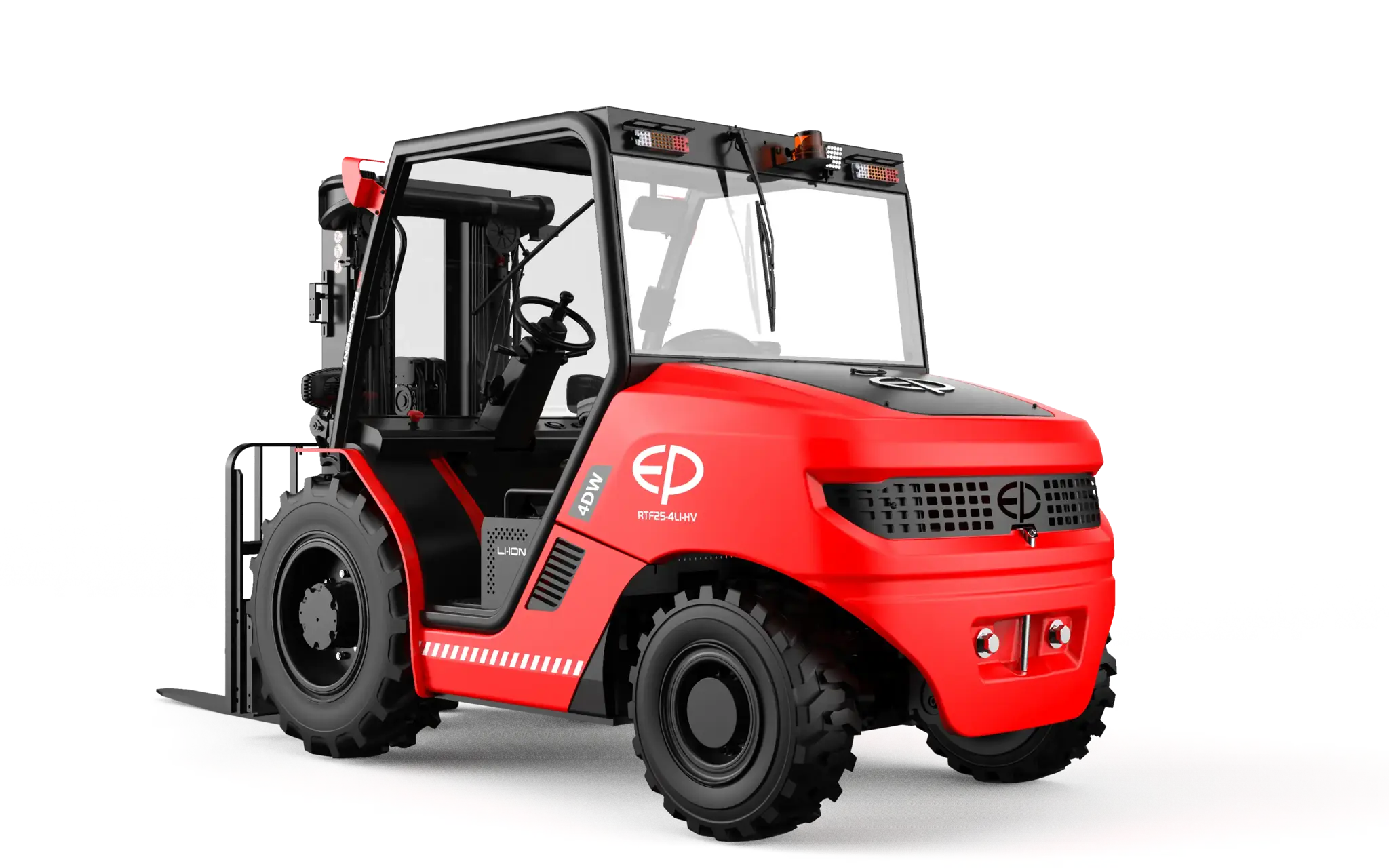 Rear left profile view of RTF25-4L1-HV 2.5T lithium high-voltage electric rough terrain forklift EP Equipment.