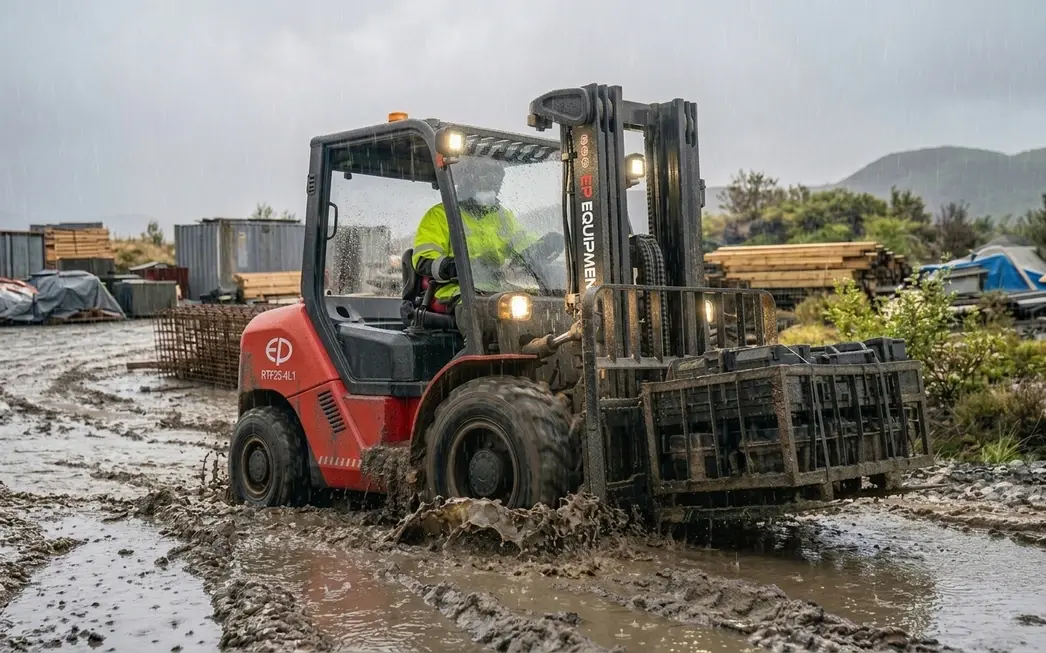 Red EP RTF25-4L1-HV heavy-duty electric forklift driving through deep mud and puddles at a rainy construction site.