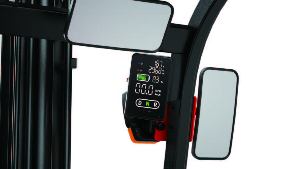Close-up of EP Equipment TDL201 forklift LCD display showing battery level, speed, and direction indicators for smart operation monitoring.