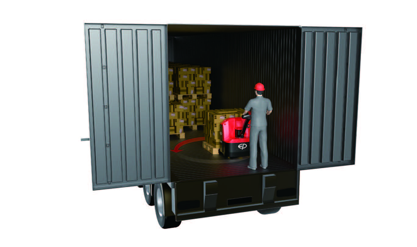 EP Equipment WPL202 electric pallet truck operating inside a delivery truck, showing its ultra-compact body and small turning radius.