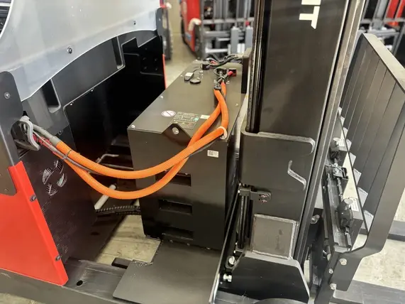 EP Equipment CQD series electric reach truck with lithium-ion battery, featuring long runtime and fast charging capabilities for improved productivity in warehouse operations.