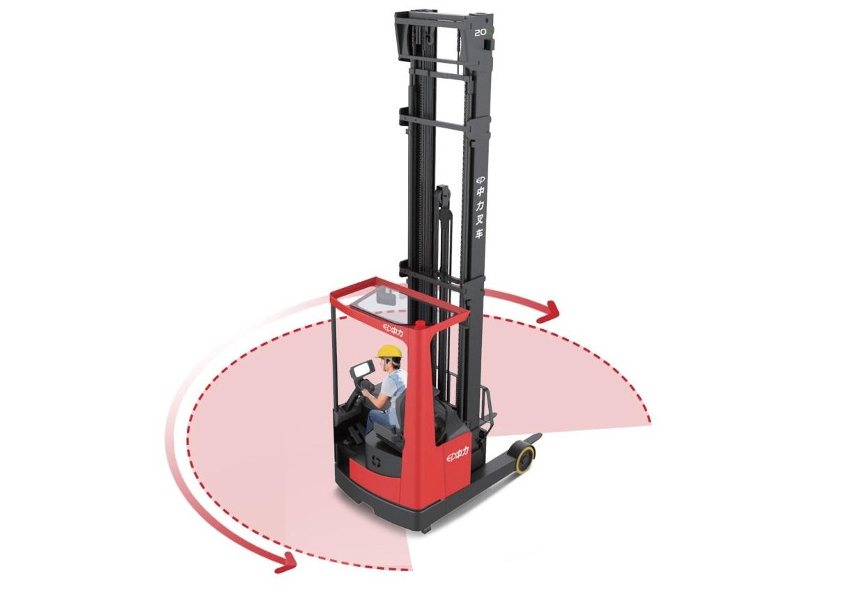 EP Equipment CQD series electric reach truck with wide rotation angle design, providing superior maneuverability and visibility in narrow aisles.