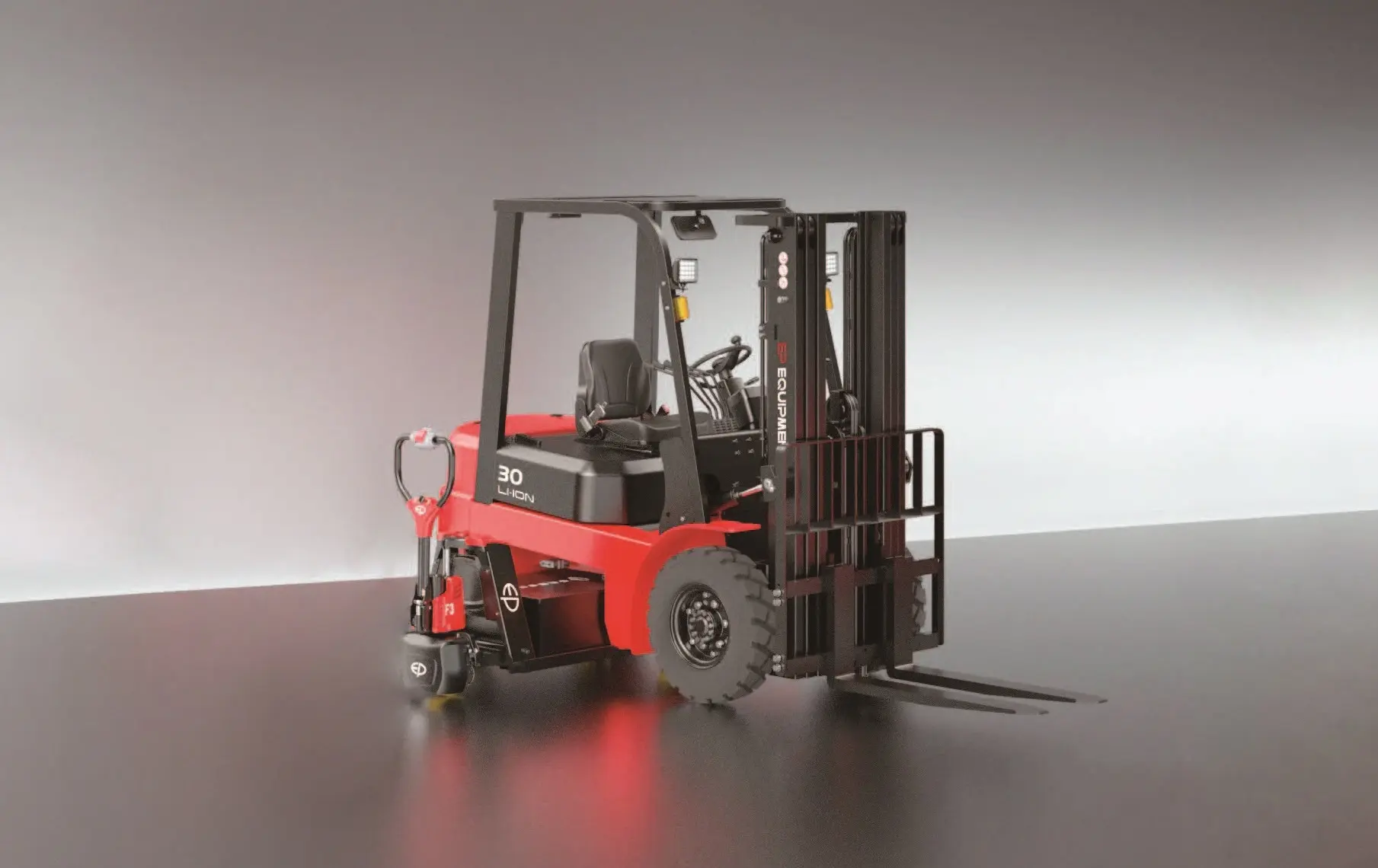 EP Equipment EFX series lithium-ion electric forklift featuring a removable battery pack for easy maintenance and efficient energy replacement.