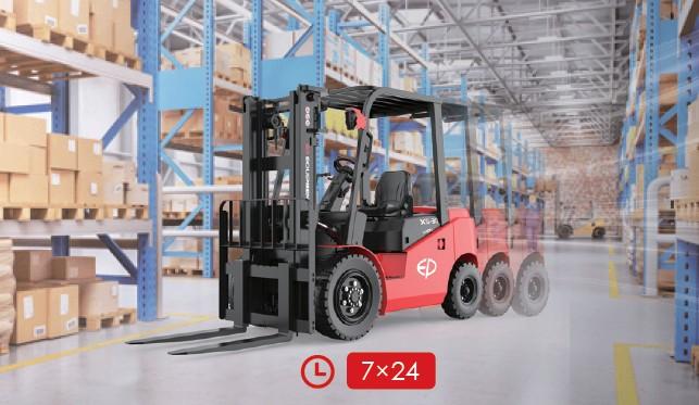EP EFX5 electric forklifts operating efficiently in a warehouse, demonstrating high travel speed, strong lift power, and reliable performance for 24/7 operations.