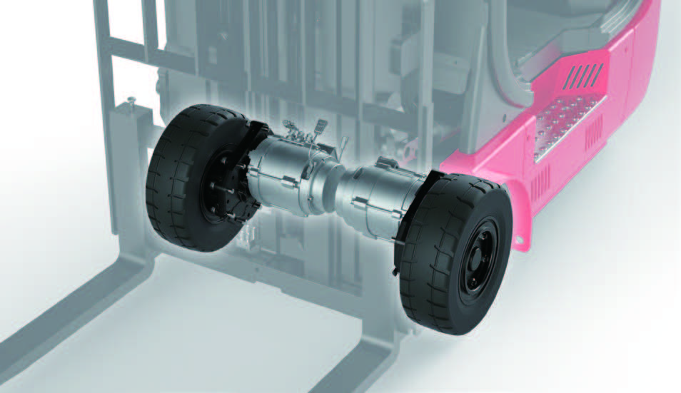 Illustration of EP Equipment electric forklift dual drive motors, showing independent wheel control system for enhanced traction and stability.