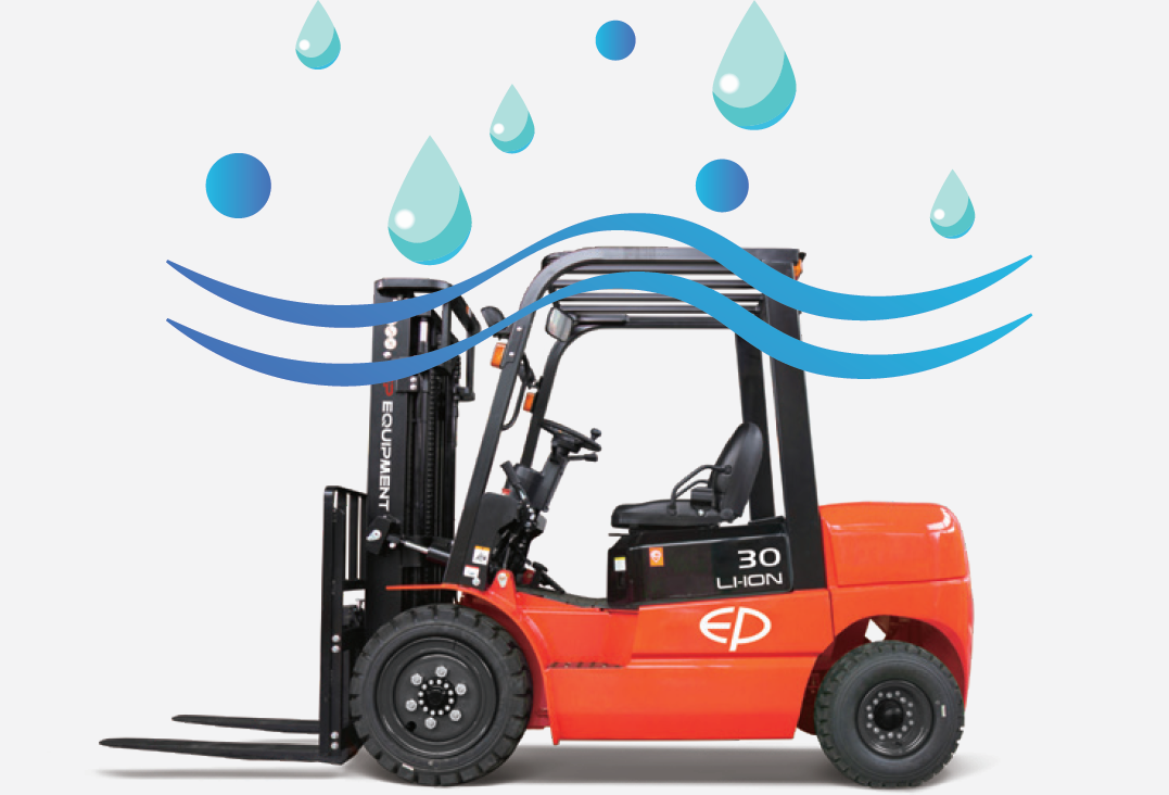 EP Equipment ICE Series lithium-ion electric forklift with IPX4 rated water-protected design, suitable for outdoor and wet working environments.
