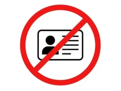 No forklift license required symbol — red prohibition circle over a license card icon, indicating operation without a license requirement.