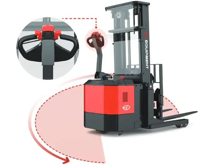 EP Equipment CQE15S walkie reach stacker with ergonomic tiller handle, showing effortless turning and control in tight spaces.