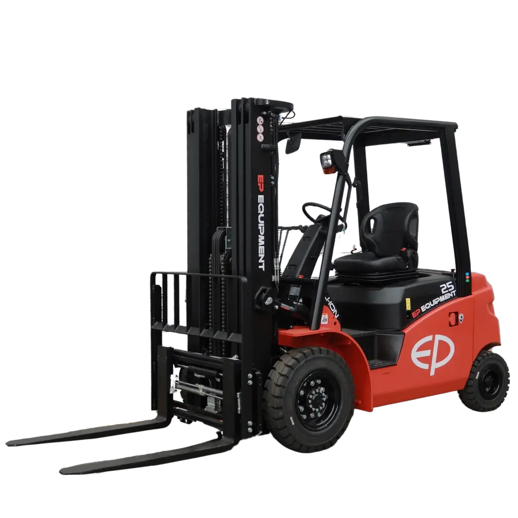 Front view of EFL253 four-wheel lithium-ion electric forklift by EP Equipment