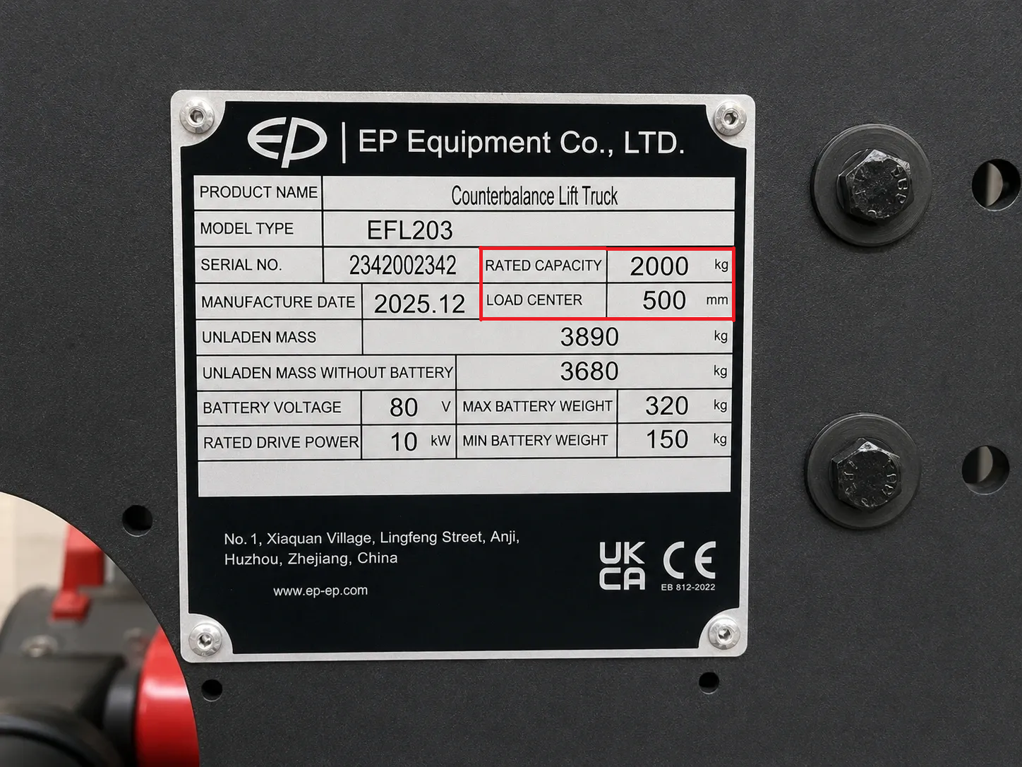 Electric Forklift Data Plate Load Capacity