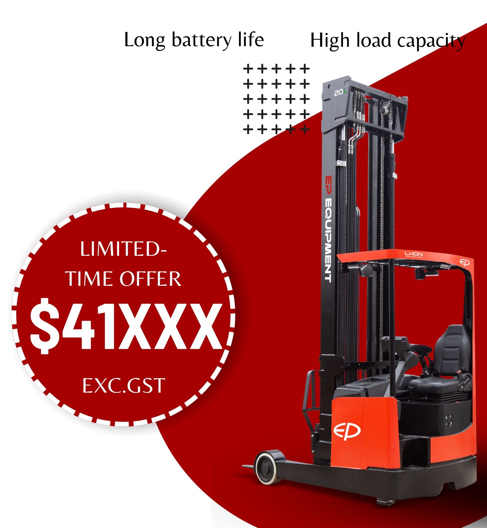 EP CQD20L Reach Truck July 2024 promotion banner with limited time offer and lithium technology features