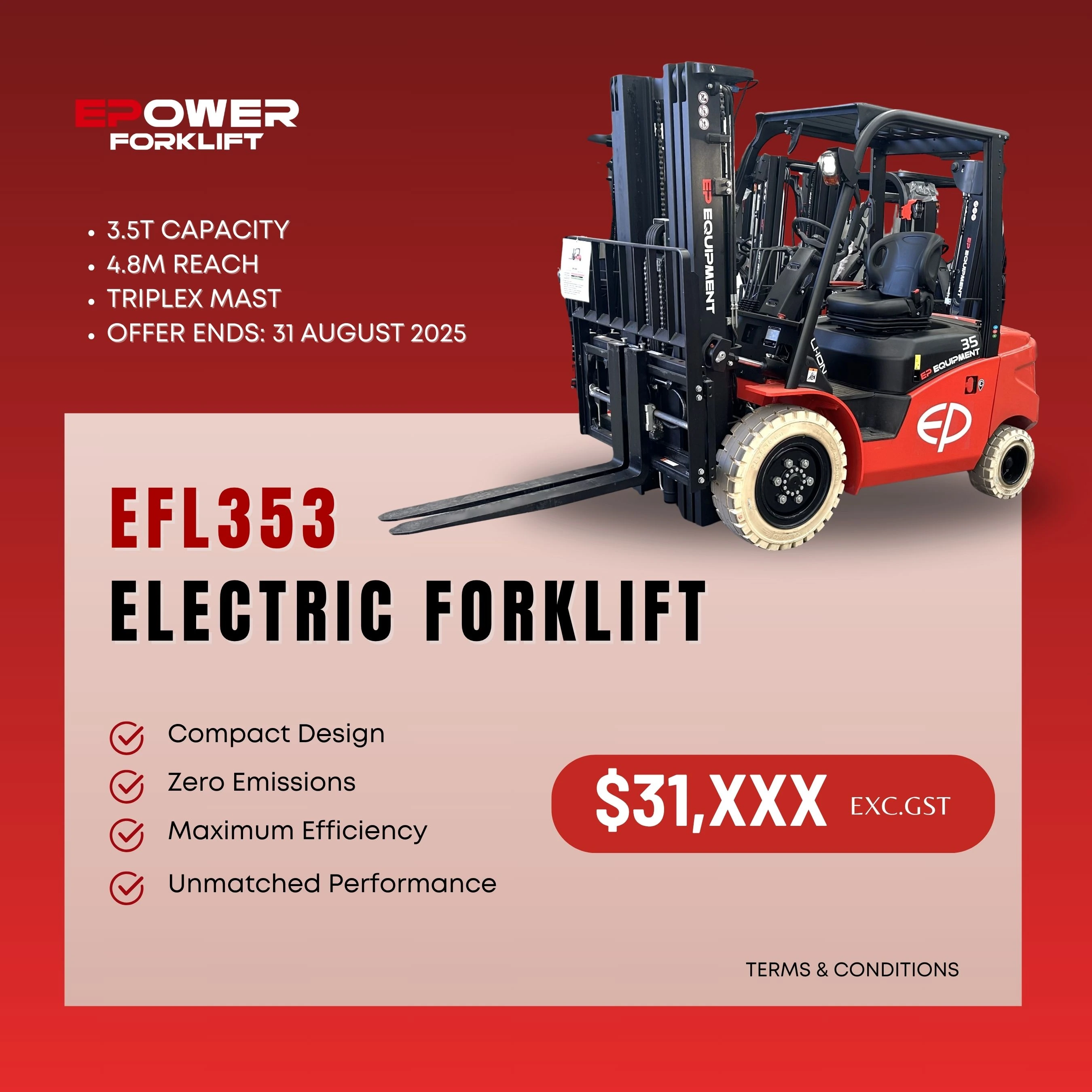EFL353 electric forklift 3.5T 4.8m reach triplex mast – EPower Forklift Australia promotion