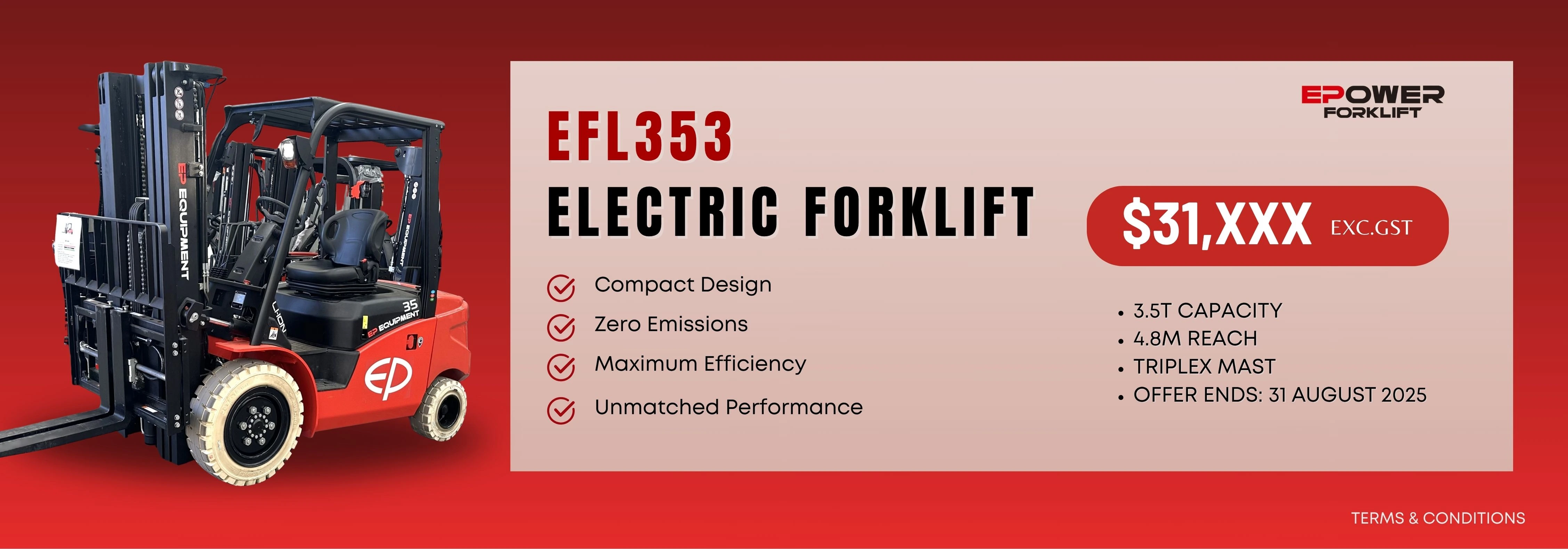 EFL353 electric forklift 3.5T 4.8m reach triplex mast – EPower Forklift Australia promotion