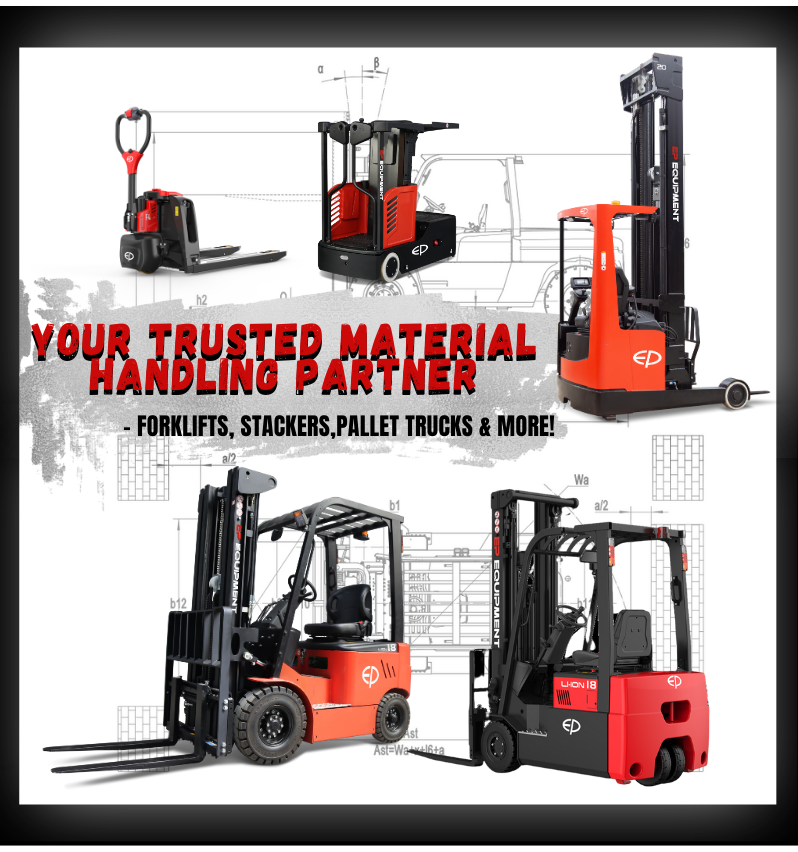 EP electric forklift product range including pallet trucks, stackers, counterbalance forklifts, and reach trucks