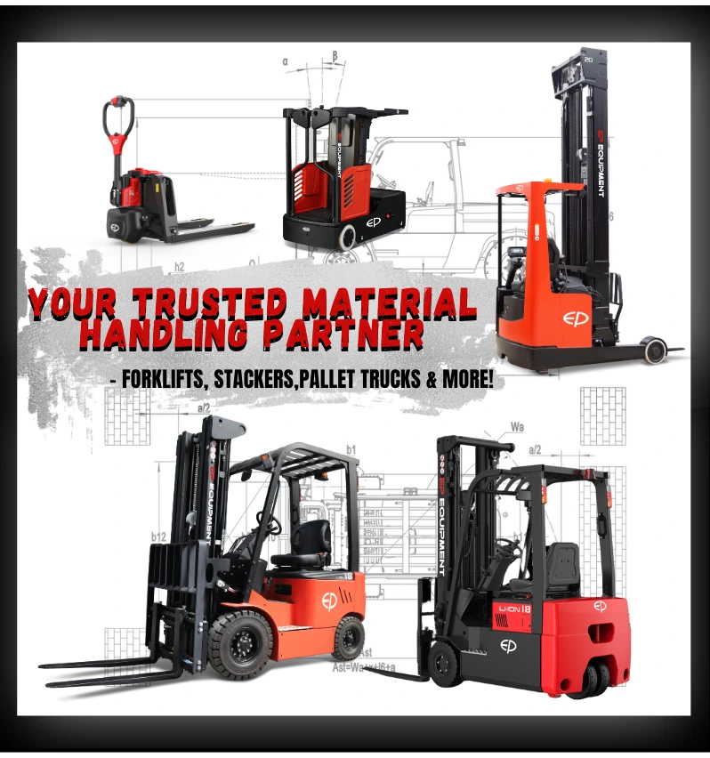 EP electric forklift product range including pallet trucks, stackers, counterbalance forklifts, and reach trucks