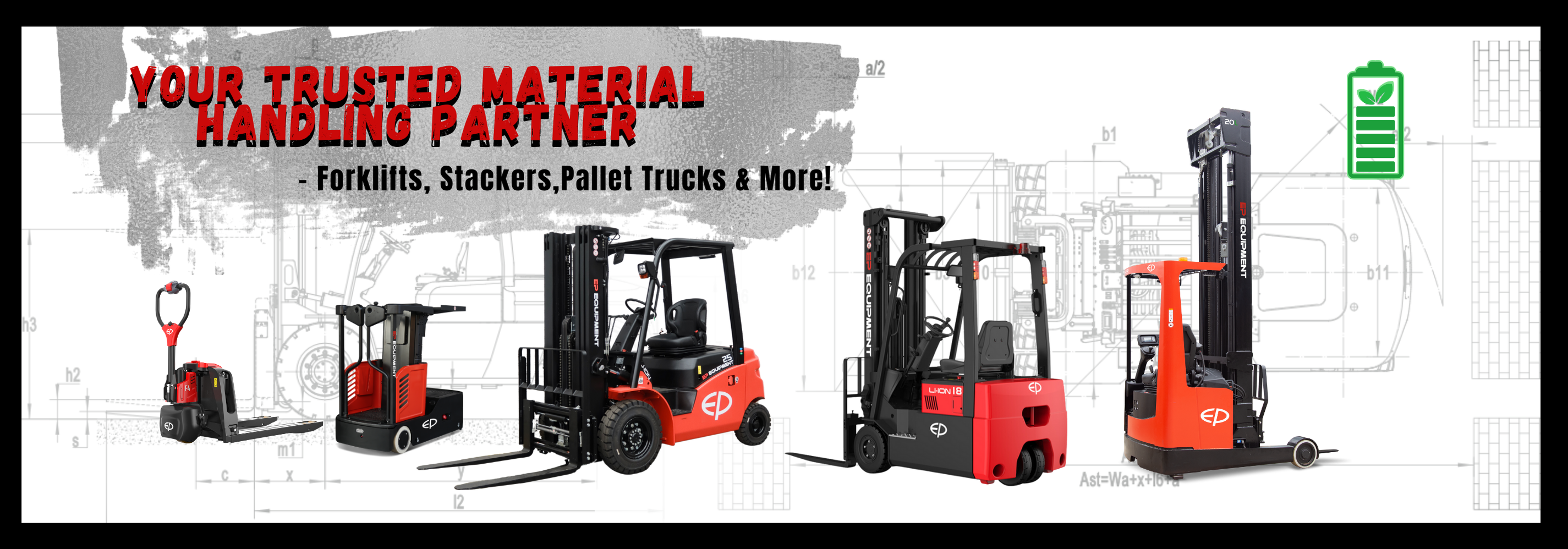 EP electric forklift product range including pallet trucks, stackers, counterbalance forklifts, and reach trucks