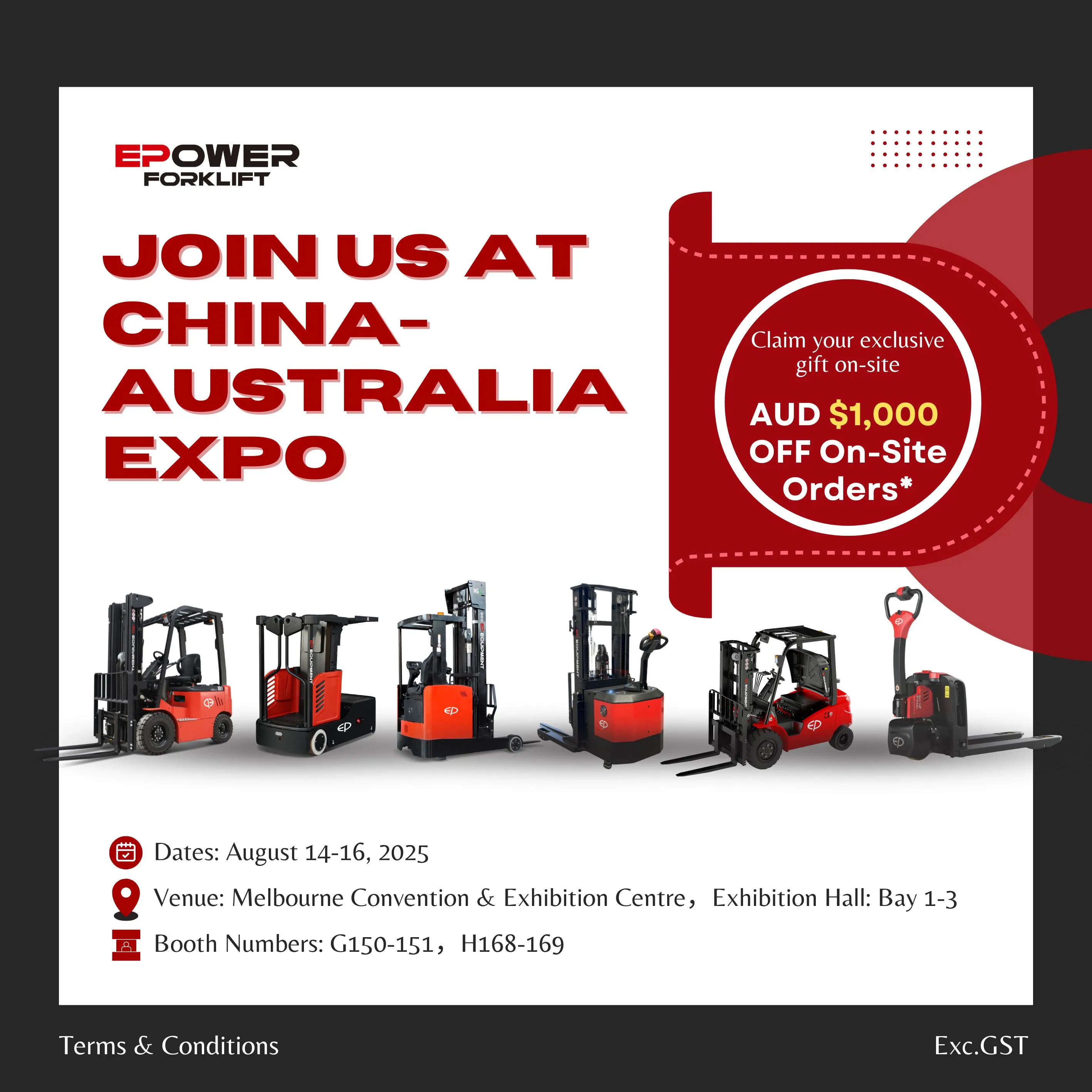 EPower Forklift invitation to the China–Australia Expo 2025 on August 14 to 16 at Melbourne Convention Exhibition Center with $1,000 AUD on-site discount promotion