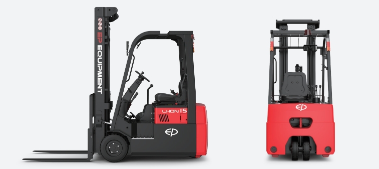 Side and rear views of EP Equipment CPD15TVL 1.5T three-wheel lithium-ion electric forklift, showing its compact body and dual rear-wheel design for superior maneuverability.