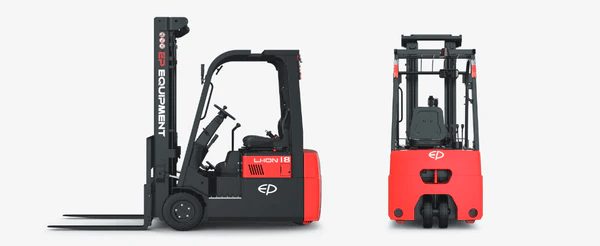 Side and rear views of EP Equipment CPD15TVL 1.8T three-wheel lithium-ion electric forklift, showing its compact body and dual rear-wheel design for superior maneuverability.