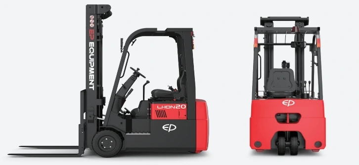 Side and rear views of EP Equipment CPD20TVL 2.0T three-wheel lithium-ion electric forklift, showing its compact body and dual rear-wheel design for superior maneuverability.