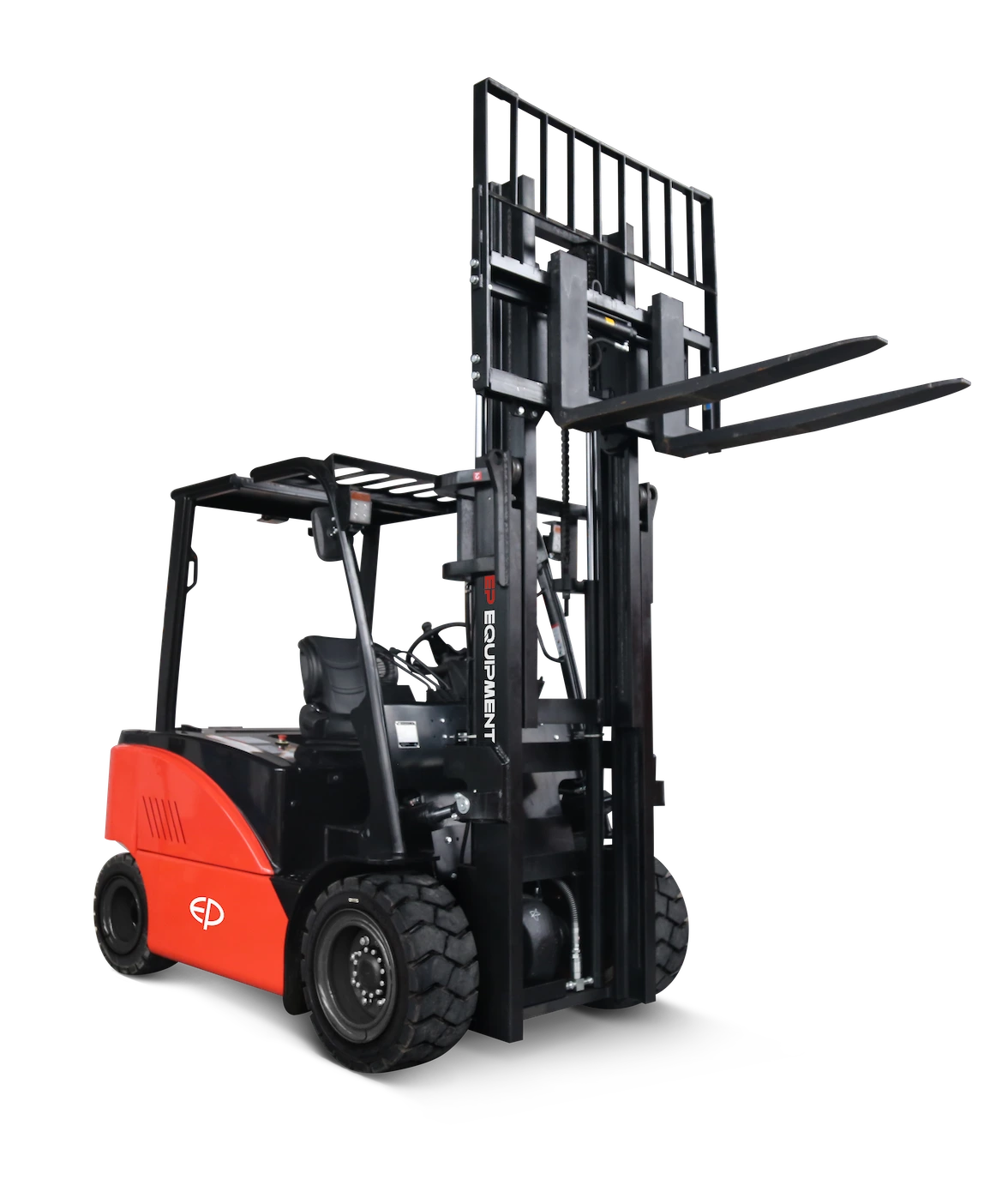 Front-right view of EP Equipment CPD50L1 5.0T four-wheel lithium-ion electric forklift with raised forks, designed for heavy-duty lifting and stable performance in industrial applications.